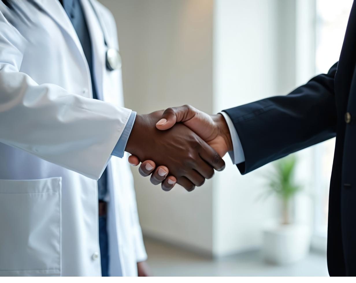 A physician and a business advisor shaking hands in agreement